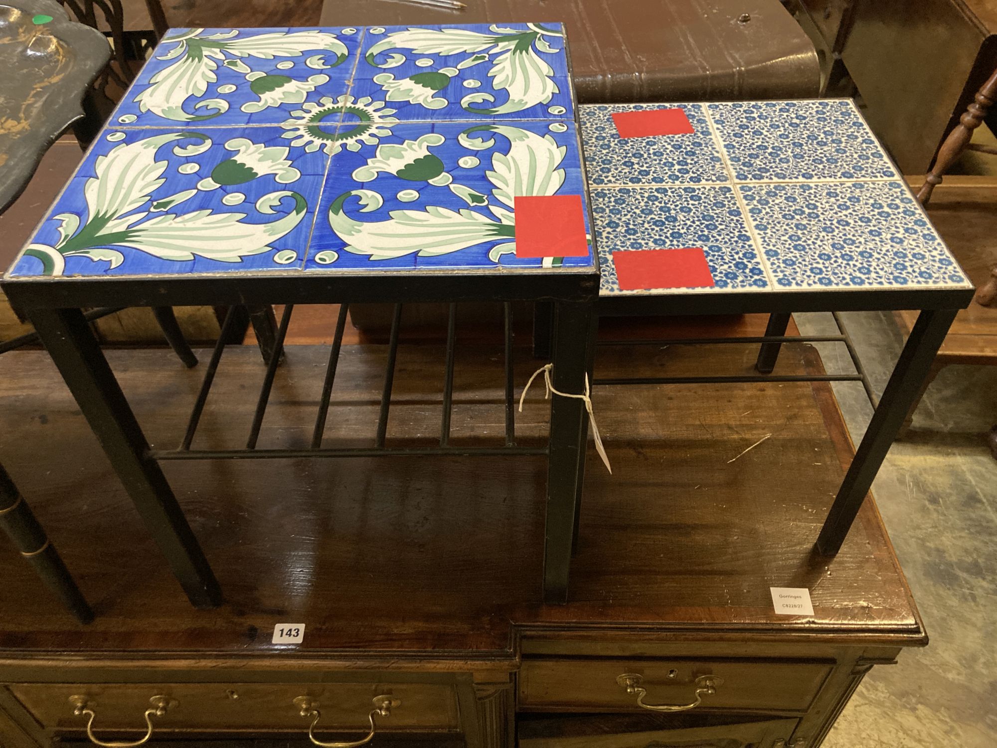 Two mid century design square tiled top occasional tables, larger 41cm, height 46cm